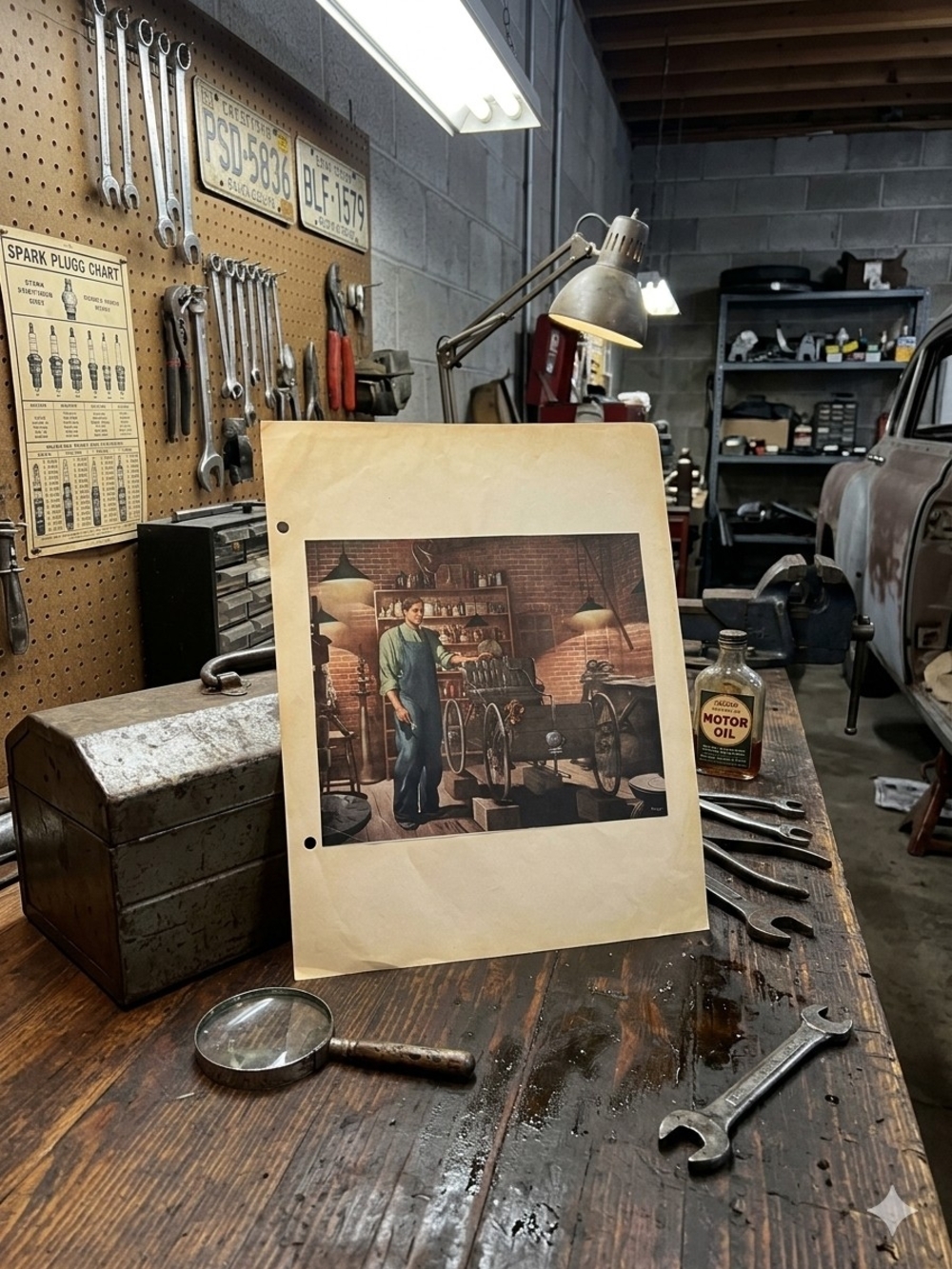 Retro Garage Illustration Print with Warm Tones
